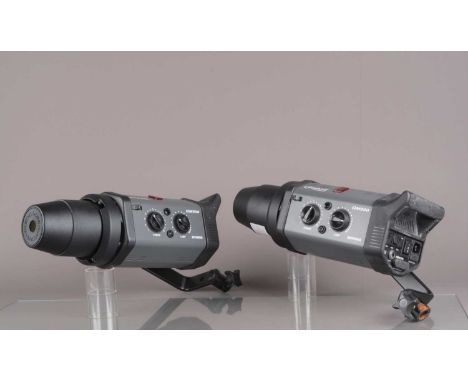 A Bowens Esprit GM500 Flash Kit, two GM500 flash heads, with a Bowens travel pack battery, with battery cables, power cables,