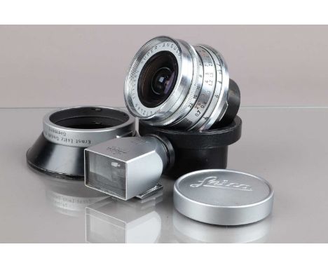 A Leitz Wetzlar 21mm f/4 Super Angulon M Lens, serial no 17515485, 1959, barrel F-G, 1cm ding above Leitz on filter ring, ele