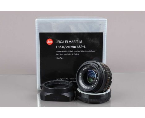 A Leica Elmarit-M 28mm f/2.8 ASPH E39 Lens, 11 606, made in Germany, serial no 3998209 barrel G-VG, elements G-VG, with 12526