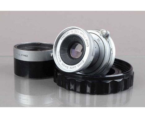 A Leitz Wetzlar 5cm f/3.5 Collapsible Elmar M Lens, serial no 1333853, 1956, barrel G-VG, elements F, fungus, with Elmar 5cm 