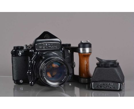An Asahi Pentax 6 x 7 Camera, non MLU version, serial no 4018861, shutter working, body G, light brassing to bottom edge, lig