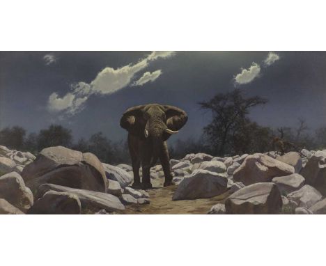 ▲ Anthony Gibbs (b.1951) Elephant in a rocky landscapesigned 'Anthony Gibbs' l.l., oil on canvas60 x 122cmCondition ReportOve