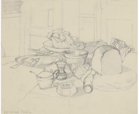 ▲ John Aldridge RA (1905-1983) 'Kitchen Table' of the artist, Place House, Great Bardfieldinscribed with title l.l., pencil22