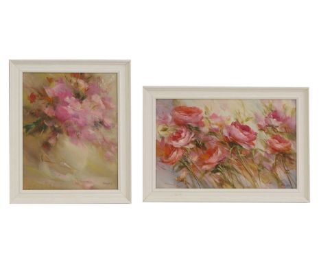 Michael Babichev (20th century) Pink flowersa set of two, both signed in Cyrillic and dated '91' l.r., oil on board40 x 60cm 