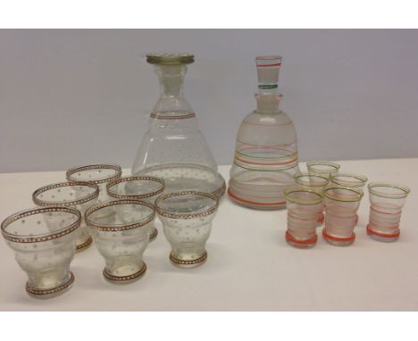 Both possibly continental. 1) Clear glass with orange, yellow and green enamelles lines - 6 glases. 2) Clear glass, wide base