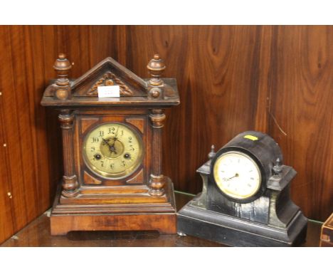 A VINTAGE WOODEN ARCHITECTURAL CASED MANTLE CLOCK TOGETHER WITH ANOTHER CLOCK (2)
