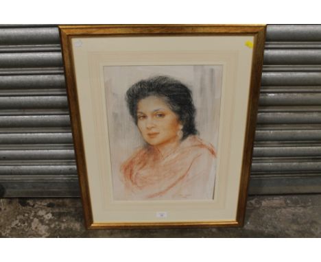 A FRAMED AND GLAZED MIXED MEDIA PORTRAIT OF A LADY BY DAWN COOKSON SIGNED LOWER RIGHT 1998 WITH DETAILS VERSO