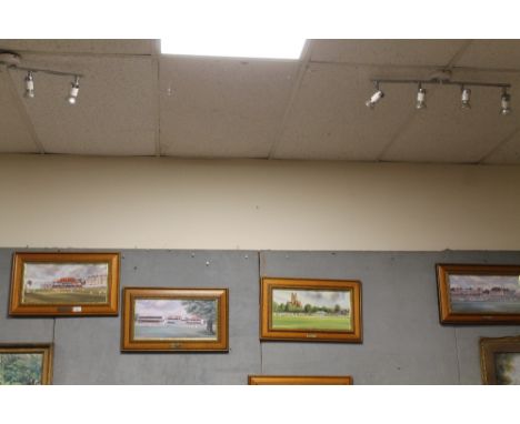 A COLLECTION OF FOUR PRINTS OF FAMOUS CRICKET GROUNDS BY TERRY HARRISON - EACH WITH A SMALL ENGRAVED PLAQUE, CONSISTING OF SC
