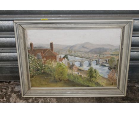 A SMALL FRAMED ON BOARD AF A HILLSIDE BRIDGE OVER A RIVER SIGNED LOWER LEFT H R EVANS