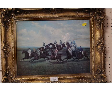 A GILT FRAMED CERAMIC TILE DEPICTING A VINTAGE RACING SCENE