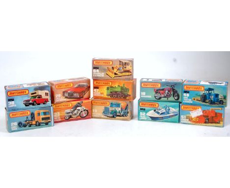 11 various boxed Matchbox Superfast diecast to include No. 52 Police Launch, No. 18 Honda Motorcycle, No. 47 Pannier Locomoti