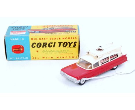 A Corgi Toys No. 437 Superior Cadillac ambulance comprising red & cream body with brown interior and spun hubs in the origina