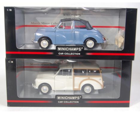 A Minichamps 1/18 scale boxed diecast group, two examples to include a Morris Minor Traveller and a Morris Minor Cabriolet, b