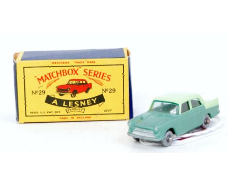 A Matchbox 1-75 Series No. 29B Austin A55 Cambridge comprising two-tone green body with green tinted windows and silver plast