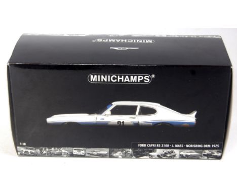 A Minichamps 1/18 scale model of a Ford Capri RS3100 DRM 1975 in the original foam packed all-card box, finished in blue & wh