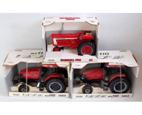 Three various ERTL large scale pressed steel 1/16 scale model tractors to include a Case Maxxum MX110, a Case Farmall 706 tra