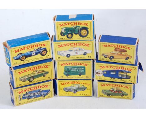 Ten various empty Matchbox 1/75 series boxes examples to include No. 50 John Deere tractor, and various others