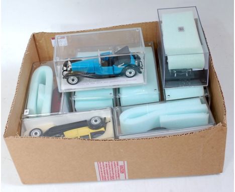 8 various plastic cased 1/43 scale diecast and resin classic saloons and land speed cars to include Rio Models Bugatti T41 Ro