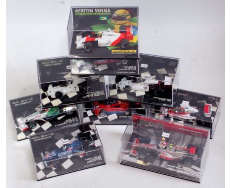 9 various boxed Mini champs 1/43 scale F1 racing car miniatures to include Lewis Hamilton Vodafone Maclaren Mercedes MP4 25 q