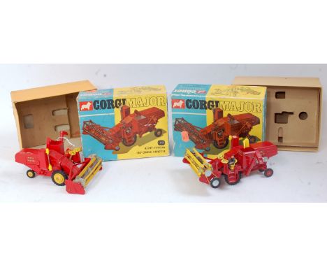 A Corgi Toys boxed No.1111 Massey Ferguson 780 combine harvester group, two examples both in the original blue and yellow all