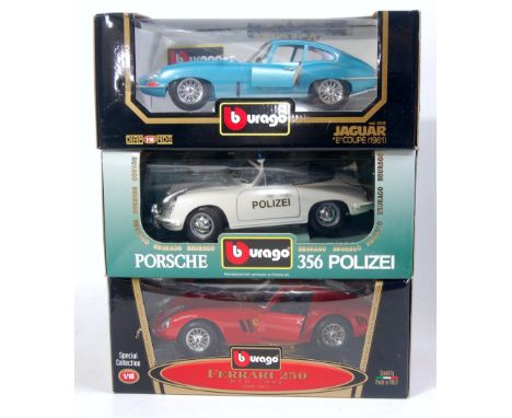 Seven various boxed Bburago 1/18 and 1/24 scale diecast vehicles, examples to include Porsche 356 Police car, Ferrari 250 GTO