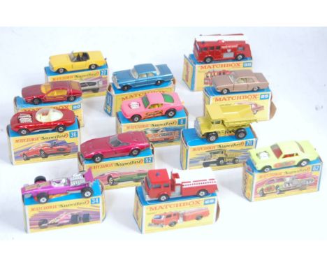 12 various boxed Matchbox 1/75 series and Superfast diecasts, all in original boxes, some boxes with end flaps missing, examp