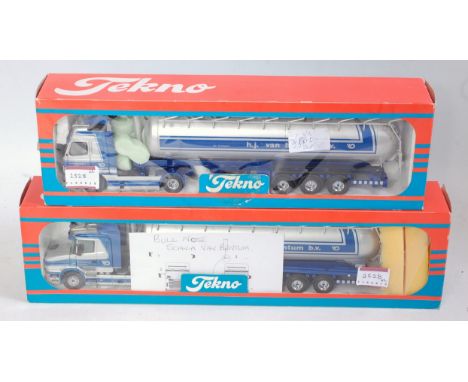 Two boxed Tekno HJ van Bentum 1/50 scale road transport diecast vehicles to include a bullnose Scania van Bentum, and one oth