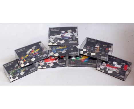 Eight various boxed Minichamps 1/43 scale F1 racing diecasts to include Maclaren Ford M26 British GP 1978, PB Rahal, Wolf For