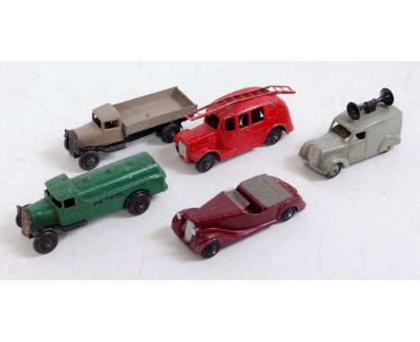 Five various loose Dinky Toys, diecast vehicles to include fire engine, loudspeaker van, 25 series tipping wagon, Sunbeam Tal