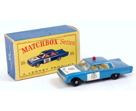 A Matchbox 1/75 Series No. 55 Police Patrol car comprising light blue metallic body with off white interior and black plastic