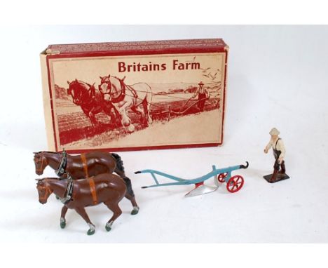 A Britains Farm Series No.6F General Purpose plough, comprising light blue and red plough with twin brown horses, together wi
