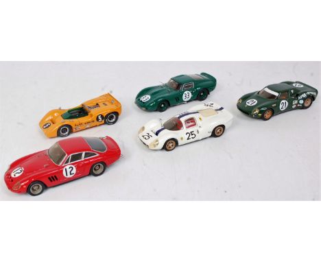 Five  various white metal and resin 1.43 scale kit built racing cars to include an SMTS Maclaren P40, an MAR Ferrari GTO 1965