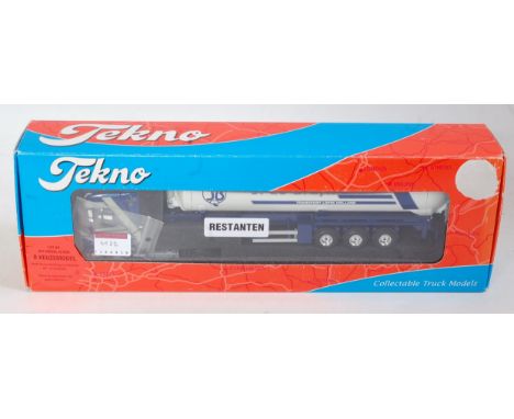 A Tekno 1/50 scale model of a Scania 420 with J de Bruyn of Holland tanker trailer finished in white and metallic blue, model
