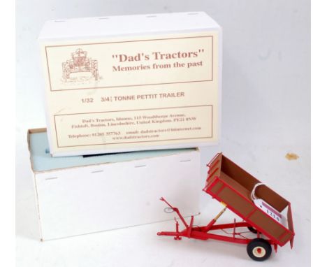 A Dads Tractors 1/32 scale white metal and resin model of a Three Quarter .5 ton Pettit trailer finished in brown and red wit