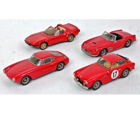 Four various loose white metal and resin 1/43 scale kit built cars to include a Tron Miniatures Ferrari 365 GTB4, an AM Ruf F