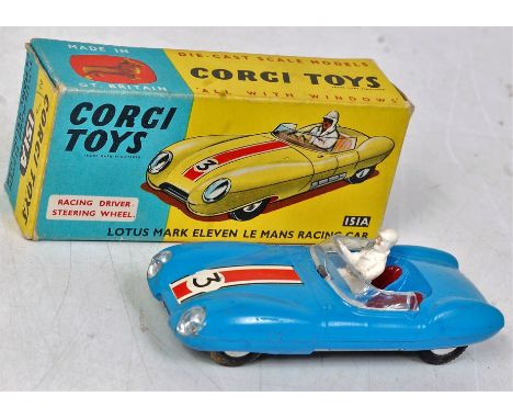 A Corgi Toys No. 151A Lotus Mk11 Le Mans racing car comprising blue body with red and white bonnet, stripe and racing No. 3 w