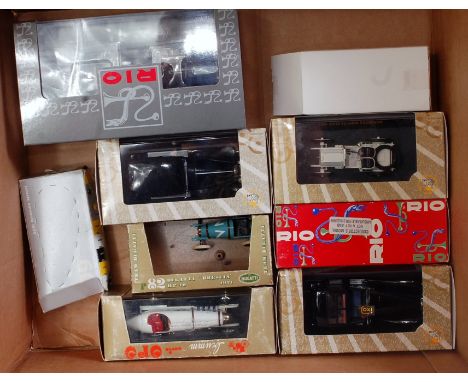 9 various boxed Rio and John Shinton 1/43 scale white metal and diecast racing miniatures to include a Rio No. 4234 Bugatti 4