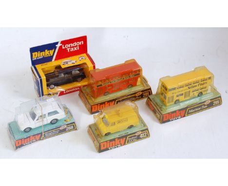 Five various bubble packed and window boxed Dinky Toy diecasts to include No. 284 London taxi, No. 295 Yellow Pages Atlantean