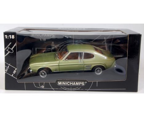 A Minichamps 1/18 scale model of a Ford Capri 1969 finished in light metallic green, in the original window box (NM-BVG)