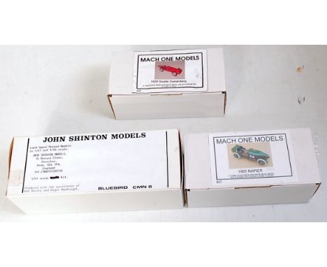 Three various boxes 1/43 scale resin kits to include a John Shinton Models Bluebird CMN8, Mack One models 1905 Napier, and a 