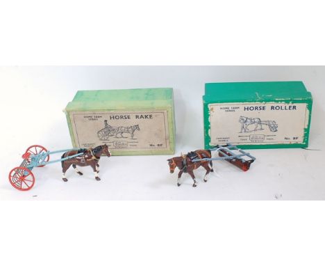 A Britains Farm Series horse-drawn implement group, to include No.8F horse rake and No.9F horse roller, both in the original 