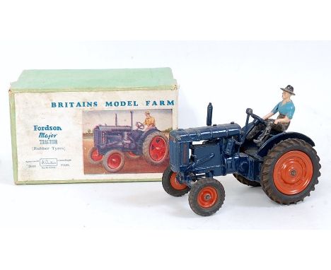 A Britains 128F Fordson Major tractor, comprising blue body with orange hubs and driver figure, in original labelled green ca