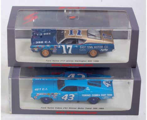 A Spark Models 1/43 scale resin Indy 500 and Indy 400 racing car group, two examples to include Ref. Nos. S3593 and S3595, bo