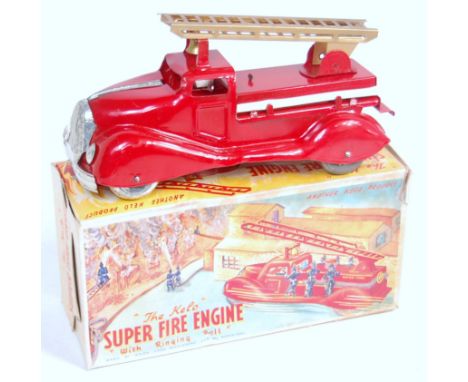 A Kelo Productions tinplate and hand pulled model of a Super Fire Engine with ringing bell, comprising red body with white ho