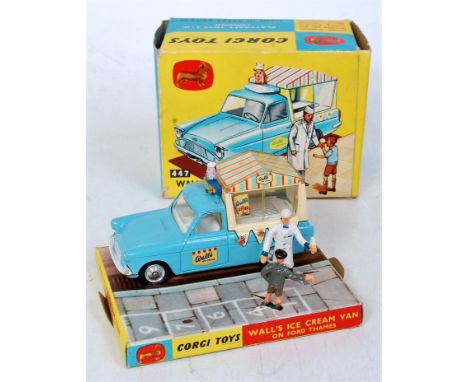A Corgi Toys No. 447 Walls Ice cream van on Ford Thames chassis, comprising light blue and cream body with Walls Ice cream li