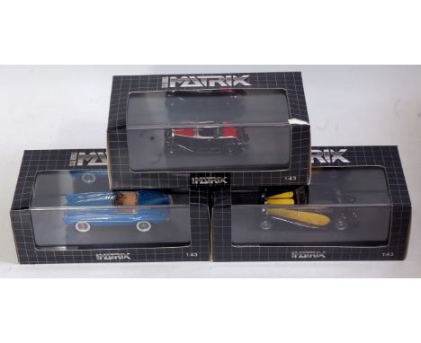 Three various boxed Matrix scale model 1/43 saloons to include a  1929 Bugatti type 40 Roadster, a 1930 Bugatti type 46 Super