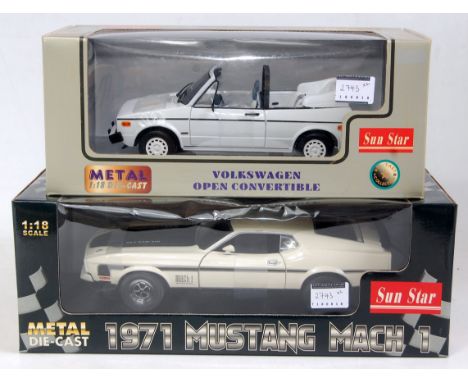 A Sunstar 11.8 scale boxed diecast group to include a 1971 Mustang Mack 1, together with a VW open convertible, both in the o