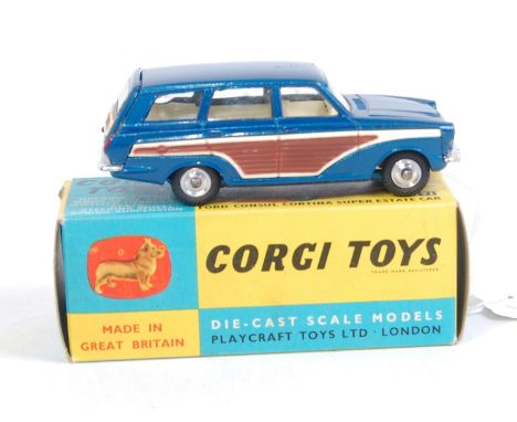 A Corgi Toys No.491 Ford Consul Cortina Super Estate car, finished in metallic blue and with spun hubs, in the original all-c