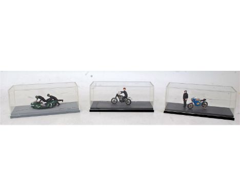 An MEA of France resin and photo etched 1/43 scale factory built motorcycle group, three examples to include a Chris Vincent 