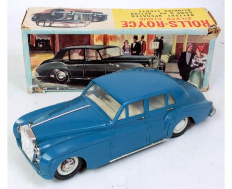 A CN Toys of Hong Kong plastic and battery operated Rolls Royce Silver Cloud, comprising dark blue body with off-white interi